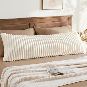BEDELITE Fluffy Faux Fur Body Pillow Cover with Zipper, Luxury Plush 3D Striped Pillow Cover 20x54 Inches, Super Soft and Cozy Long Body Pillow Pillowcase for Bed Sofa Couch Room Decor(Cream White)