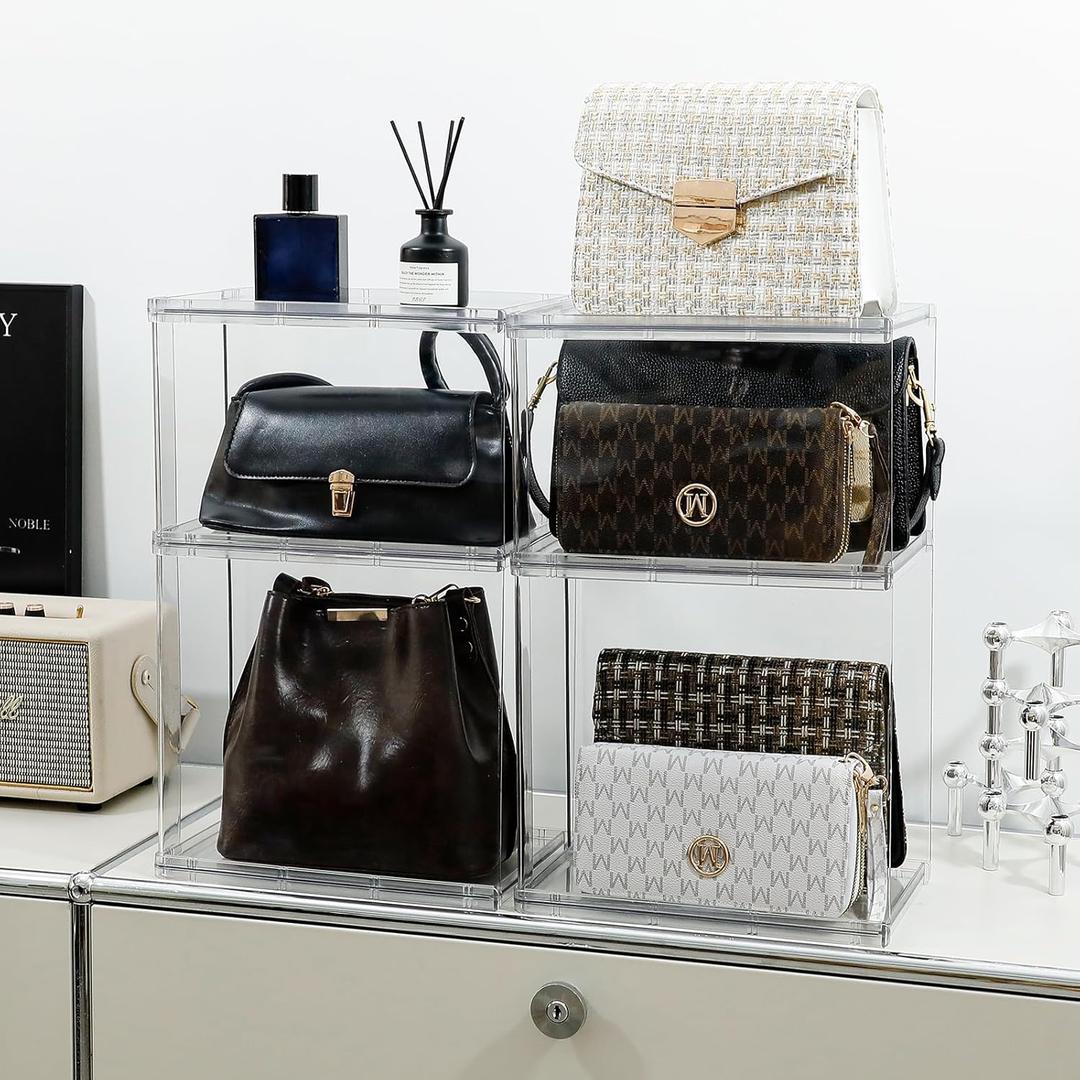 4 Pack Stackable Closet Organizers and Storage Shelves for Small Purses, Handbags, Clear Display Rack for Bathroom, Bedroom and Living Room, Plastic High Heels Holder (Short/Tall)