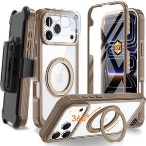 Magnetic for iPhone 17 Pro Max 6.9" Case, Compatible with MagSafe, Full Body Rugged Case with Built-in Screen Protector & Kickstand & Belt-Clip (Gold)
