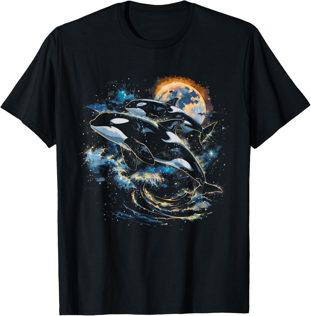 Orca in Space, Planets, Stars, Wall Lovers T-Shirt, S