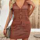 Saodimallsu Womens Crochet Swim Cover Up 2 Piece V Neck Sleeveless Front Tie Crop Tops Beach Mini Skirt Coverup Set
