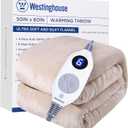 Westinghouse Heated Blanket Throw, Electric With 6 Heating Levels, 2-10 Hours Time Settings, Overheat Protection, Machine Washable, Flannel (50x60 Inches, Beige)