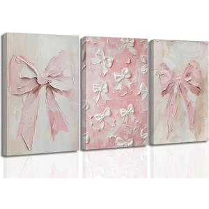 3Pcs Trendy Pink Bow Canvas Wall Art Vintage Cute Preppy Watercolor Bow Painting Pictures Wall Decor Posters Prints Girly Aesthetic for College Apartment Bedroom Decoration