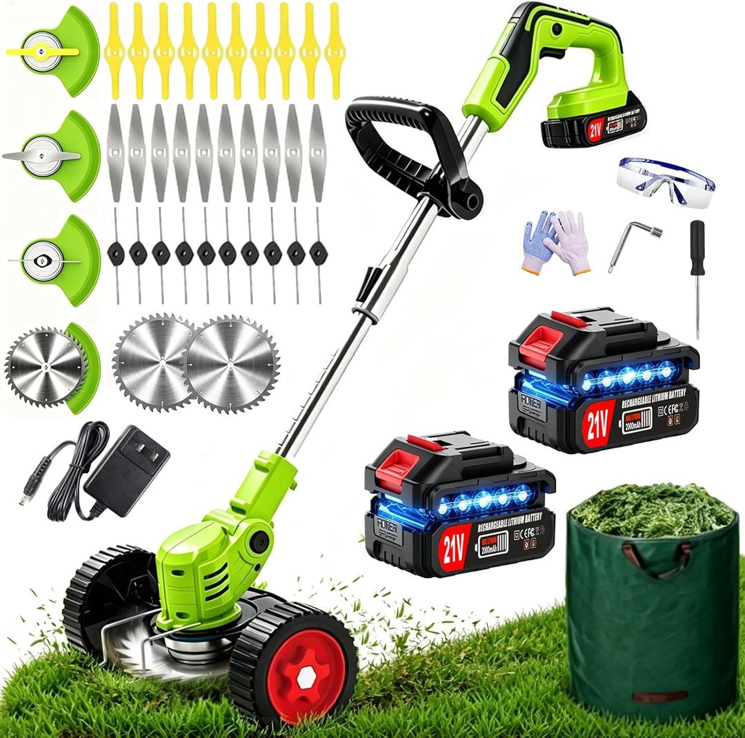 Electric Weed Wacker Cordless, with 2×4.0Ah Batteries, 3-in-1 Cordless Brush Cutter, Lightweight Weed Cordless Eater Battery Powered, Stringless Grass Trimmer, 32-Piece Multi-Blade Kit (Green)