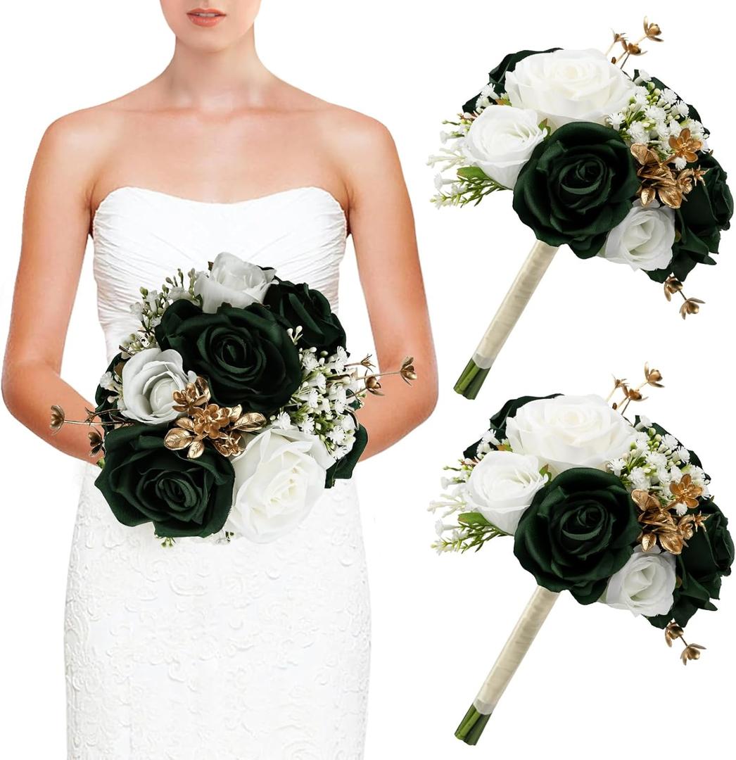 Wedding Bridesmaid Bouquets Set of 2, Artificial Silk Flowers Arrangement for Ceremony Marriage Proposal Party Anniversary Decorations - Emerald Green & Gold & White