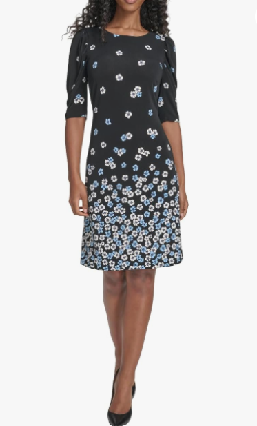 Tommy Hilfiger Women's 1/2 Sleeve Boat Neck Cotton Shift Mini Dress, Black/Breeze, Size 14