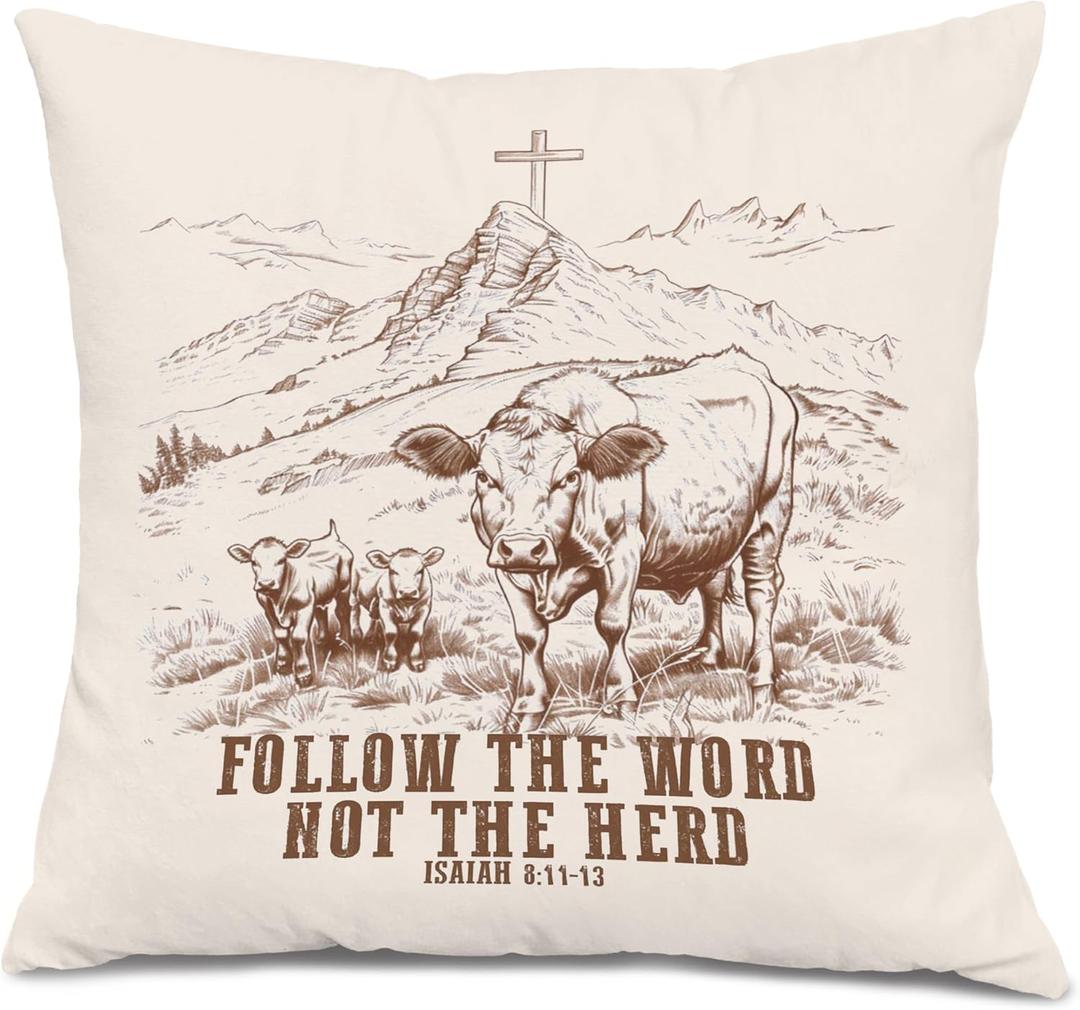 2 x Vintage Farmhouse Cow Christian Pillow Covers 18x18, Christian Room Home Decor, Isaiah 8:11-13 Bible Verse Religious Decorative Throw Pillow Covers for Bedroom Living Room Home