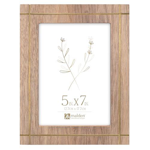Malden International Designs 5x7 Natural Pine Wood with Gold Stripe Inlay Picture Frame