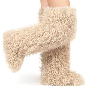 IXU Thigh High Fur Boots,Over the Knee Furry Boots for Women,Fuzzy Fluffy Tall Long Faux Boot Snow Winter Round Toe (9, Beige)
