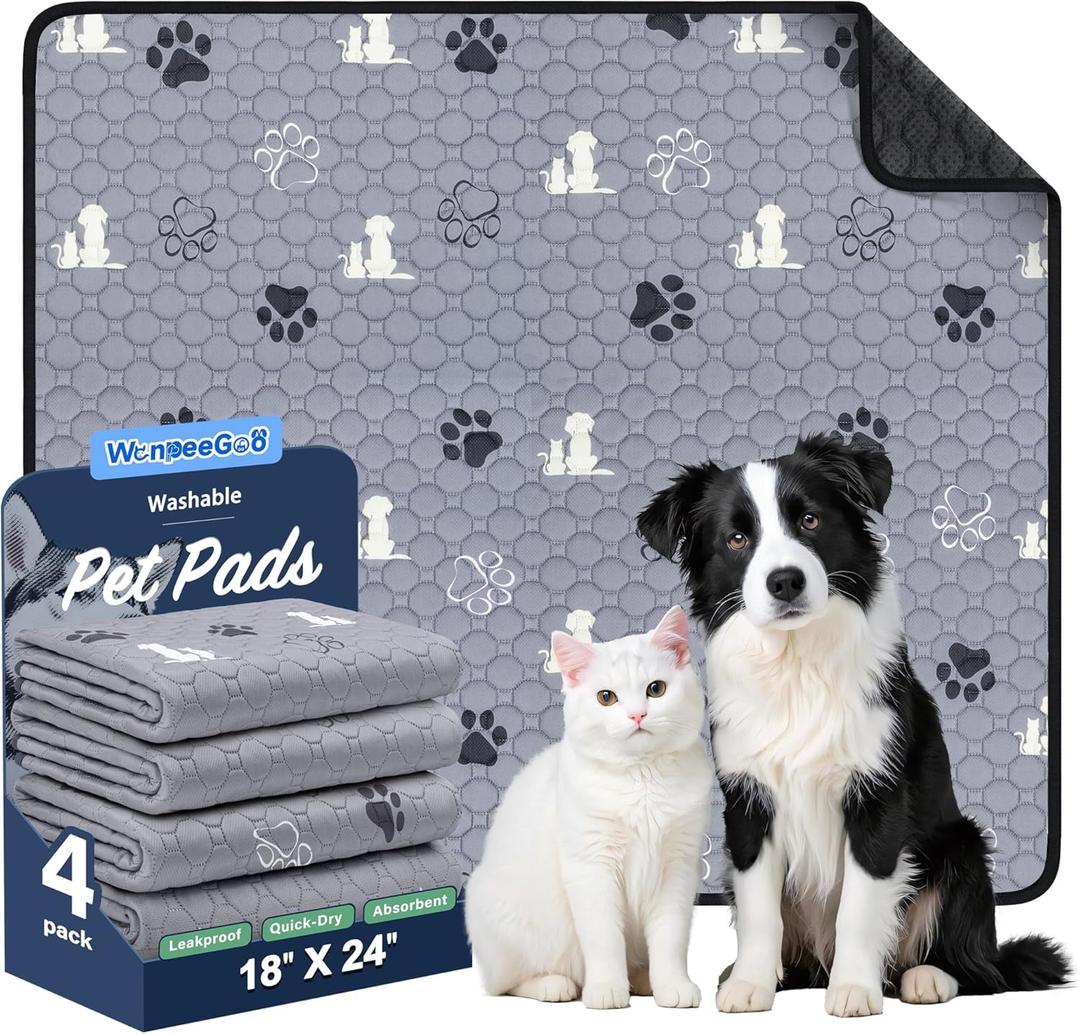 WanpeeGoo Washable Pee Pads for Dogs, 4 Pack Absorbent Reusable Training Dog Pads Pet Puppy Pads, Non-Slip Potty Pads for Whelping, Playpen, Crate, Bed, Grey 18"x24" (Gray)