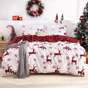 Christmas Duvet Cover Queen, Soft Brushed Microfiber Comforter Cover Sets, Reindeer Printed Holiday Theme Bedroom Decorative Bedding (Queen Size, Red Plaid Deer)