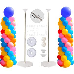 Balloon Stand Kit, Set of 2, 7 Feet Adjustable Balloon Column Stand for Floor, Reusable Metal Telescopic Balloon Stands for Floor with Base for Birthday, Wedding, Baby Shower, Graduation Party
