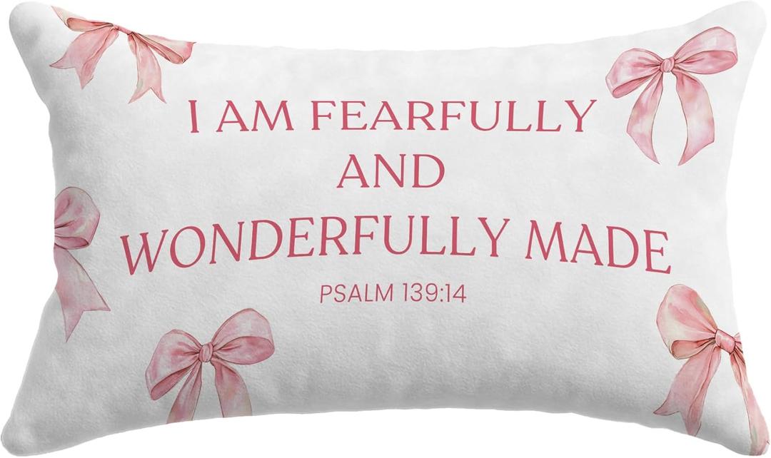 Coquette Pink Bow Christian Pillow Covers 12x20, Christian Room Home Decor, Coquette Room Decor, Psalm 139:14 Religious Bible Verse Decorative Lumbar Pillow Covers
