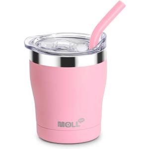 Kids Tumbler with Straw-9 oz Stainless Steel Double Wall Vacuum Insulated Tumbler Cup with Leak-Proof Lid, Sweat-Free (Pink)