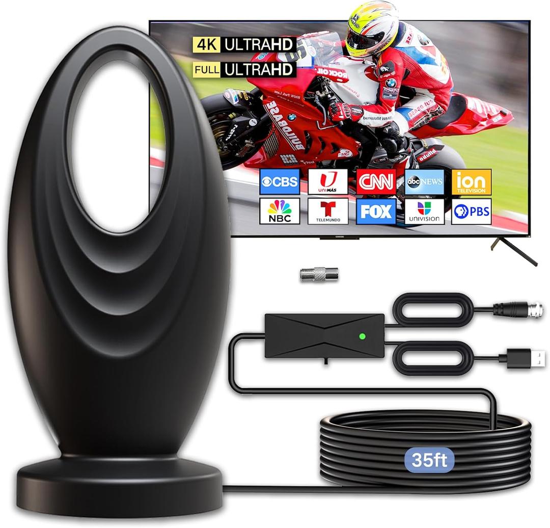2025 TV Antenna for Smart TV and Old TV, 2200+ Miles Range HD Digital TV Antenna Indoor with 360 Signal Strongest Booster, Supports Local Channels 1080P 4K Reception for Home, RV, Camping (35ft)