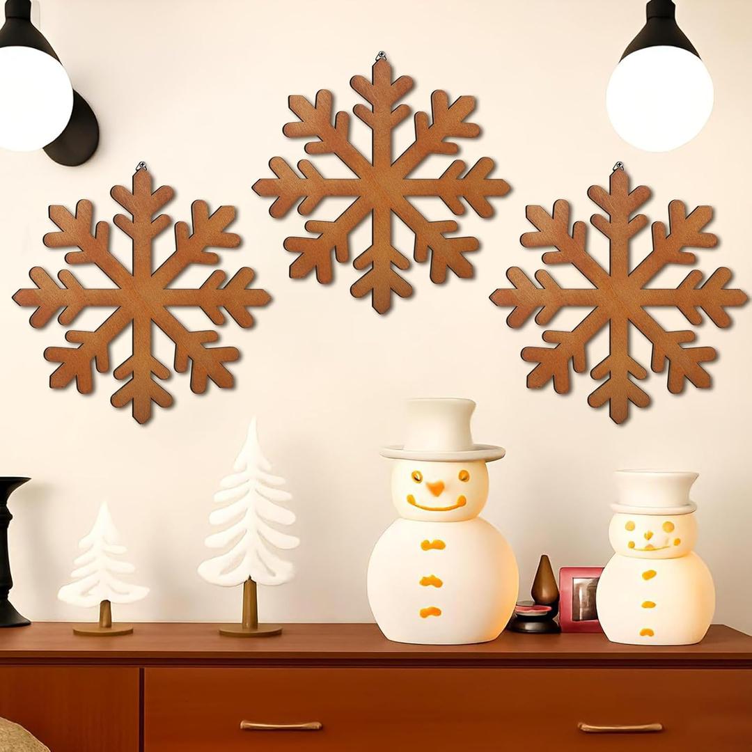 Yalikop 3 Pcs Large Wooden Snowflake Sign 11.8 Inch Winter Snowflake Wall Decor Rustic Snowflakes Door Hanging Plaques for Winter Decorations Wonderland Front Door Home Table Mantel Wall Window Decor