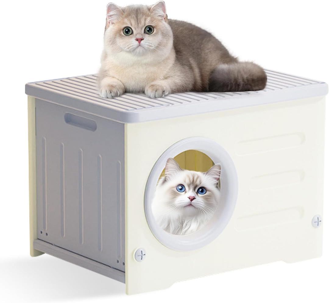 Plastic Cat House for Outdoor Indoor Use,Plastic Weatherproof Elevated Outdoor Cat Shelter Stackable Waterproof Feral Cat Shelter (Grey, L) 21.26"D x 16.14"W x 14.96"H