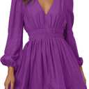 WQ Women Mini Dress Long Sleeve Deep V Sexy Dress A-line Elastic High Waisted Flowy Dress (Purple, Large)