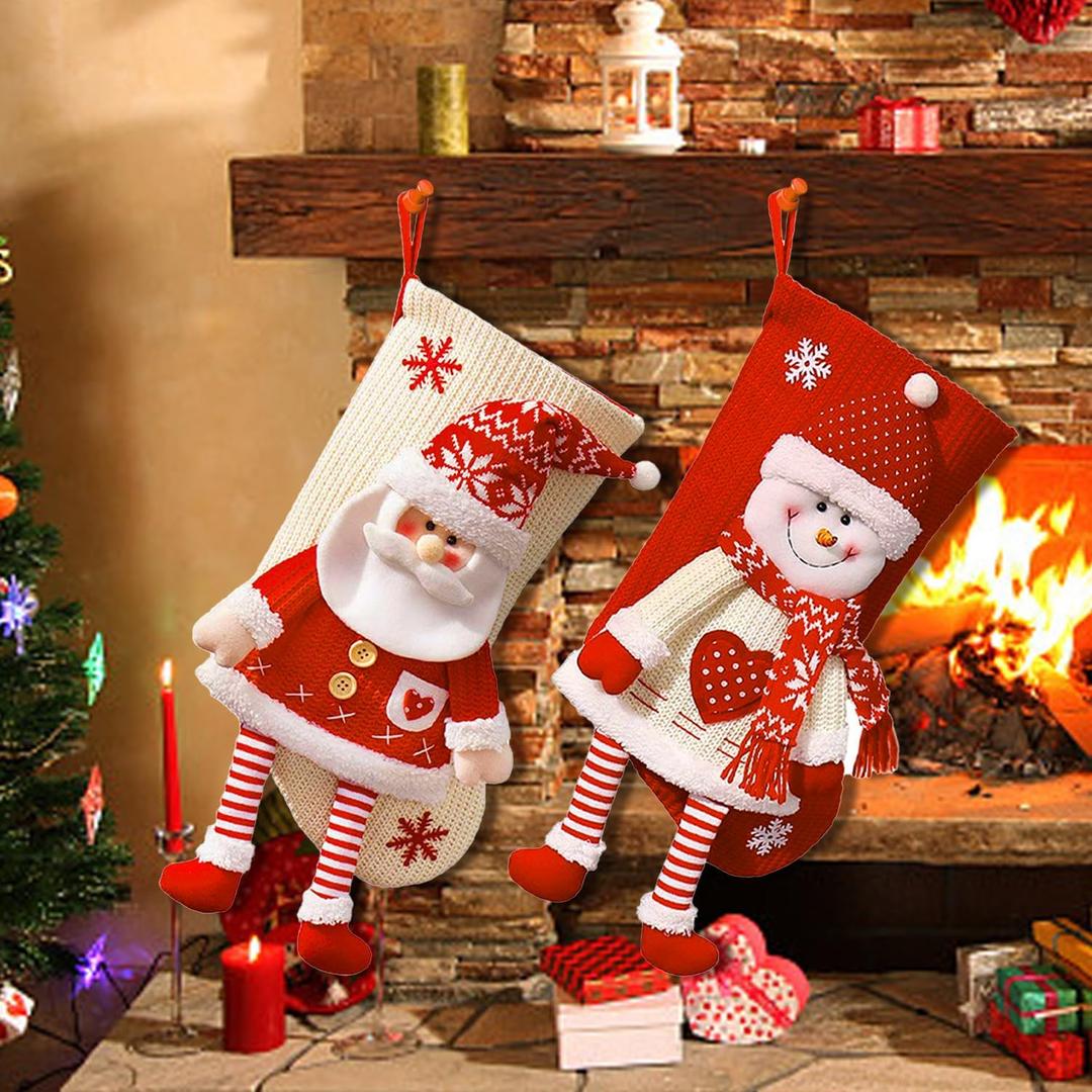 Large Santa Snowman Christmas Stockings, 2 Pack 20 Inch Knitted Claus Christmas Stocking Decorations, Xmas Stocking for Kids Gift, Personalized 3D Pattern Socks, Xmas Tree Fireplace Family Party Decor
