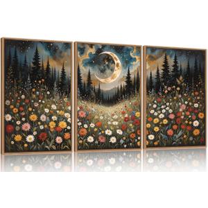 HPINUB Wildflower Moon Forest Framed Canvas Wall Art Set,Nature Pine Tree Wall Decor,Mystical Starry Night Artwork Rustic Mountain Landscape Art Print for Living Room,Bedroom,Office-16 x24 x3
