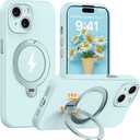 for iPhone 15 Case with 360 Rotatable Magnetic Ring Stand [Full Camera Protection] Mil-Grade Drop Shockproof, Soft Liquid Silicone Phone Case for Women Men (Light Green)