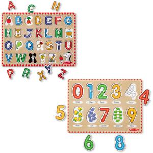 Melissa & Doug Wooden Lift & See Peg Puzzle Early Learning 2-Pack for Girls and Boys  Alphabet, Numbers
