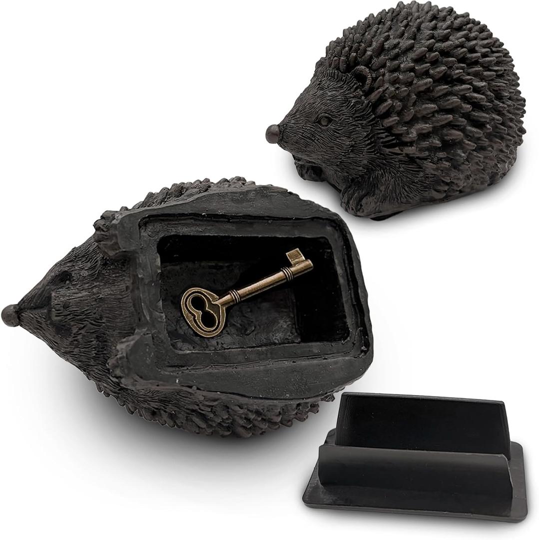 Hedgehog Key Hider Outdoor Resin Waterproof Fake Rock Hide a Key, Secure Spare Key Holder with Secret Storage, Weather Resistant Garden Decor for Indoor & Outdoor Use