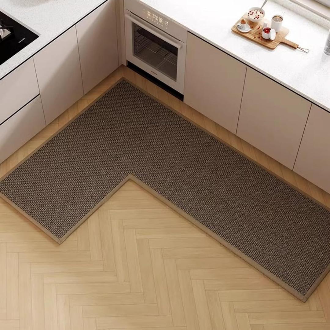 L Shape Kitchen Mat, Anti-Slip Corner Kitchen Mats for Floor, 1 Piece L Shape Rug, Absorbent Runner in Front of Sink, Washable Floor Rugs for Home,Kitchen,Office(Black/Brown Right-L,6'7" x 4'7")