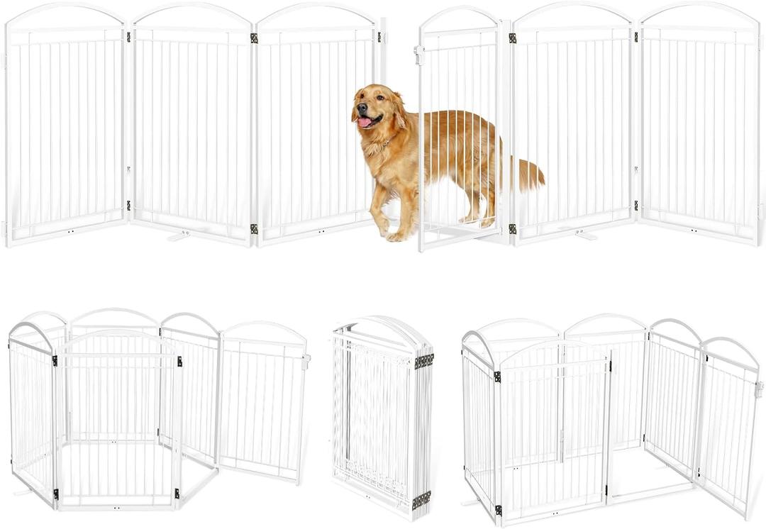Full Metal Free Standing Dog Gate with Door for Indoor Outdoor, 144'' Extra Wide 32'' Tall Dog Gate for Doorways, Large Openings, Decks, Freestanding Portable Pet Fence(6 Panels, Black)