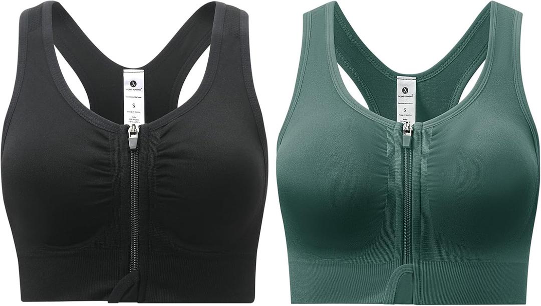 Zip Front Sports Bra for Women - Medium Support Racerback Workout Bra with Removable Pads & Double Hooks (X-Large, Black Green)