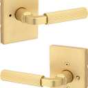 Kwikset Mirada Reeded Interior Privacy Door Handle with Lock, Handle for Bathroom and Bedroom, Satin Brass, Reversible Keyless Push Button Lock, with Microban Protection (Rectangle)