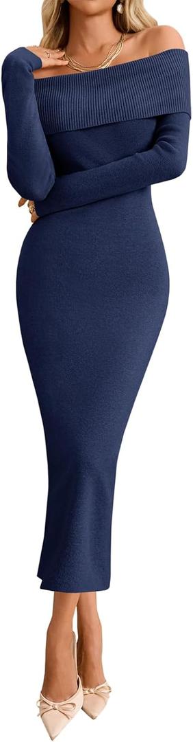 Wenrine Womens Off The Shoulder Bodycon Sweater Dress 2025 Elegant Long Sleeve Cocktail Party Midi Maxi Dresses (Large, Navy Blue)