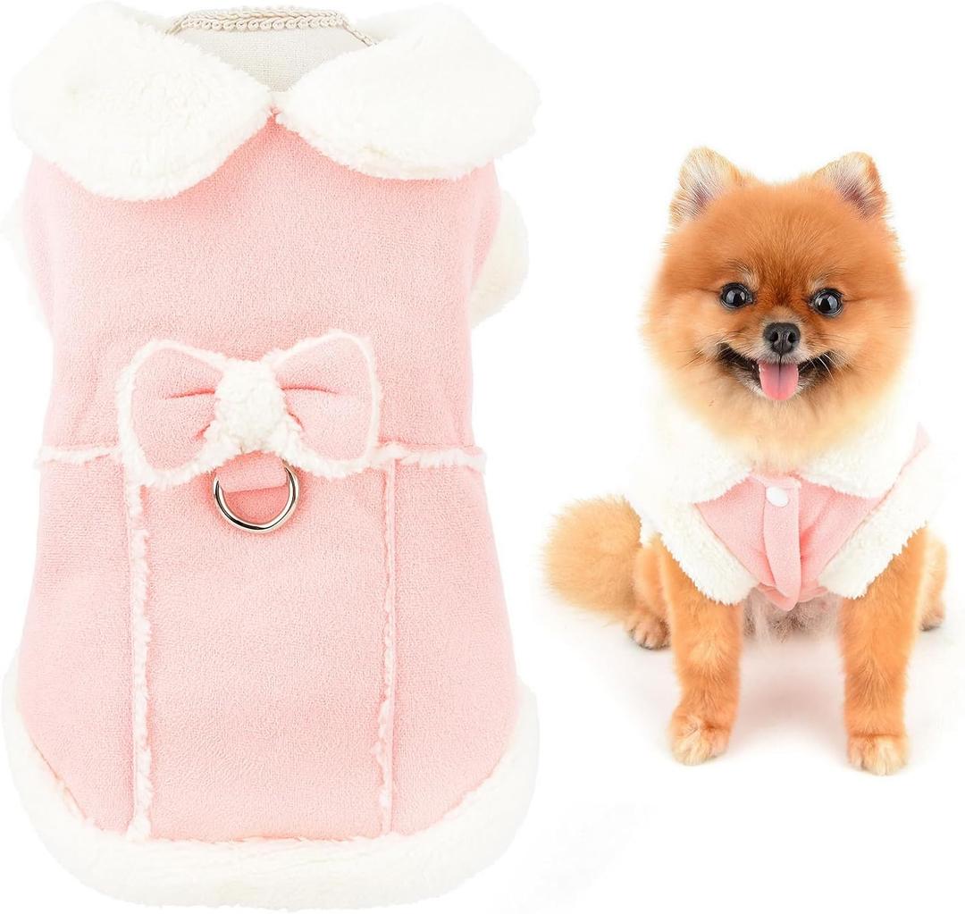 SMALLLEE_LUCKY_STORE Fleece Dog Coat for Small Dog Pet Harness Jacket with Bow and D-Ring, Soft Vest Fall Winter Clothes with Fuzzy Collar Chihuahua Yorkie Cat Apparel, Pink, XS