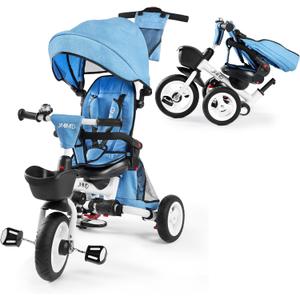 JMMD 8 in 1 Tricycle Stroller with Push Handle, Foldable Trike with 360 Swivel Seat, Reclining Backrest, All-Terrain Wheels, Dual Brakes, Canopy & Storage, Gift for Kids 18 Months to 5 Years, Blue