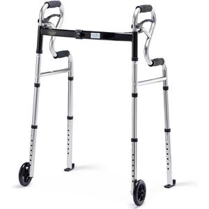 Walkers for Seniors with 5 Front Wheels by Health Line Massage Products, Width Adjustable Compact Standard Walker Support Up to 350lbs, Quick Folding 2 Wheels Walker for Seniors, Adults Sliver (Silver)