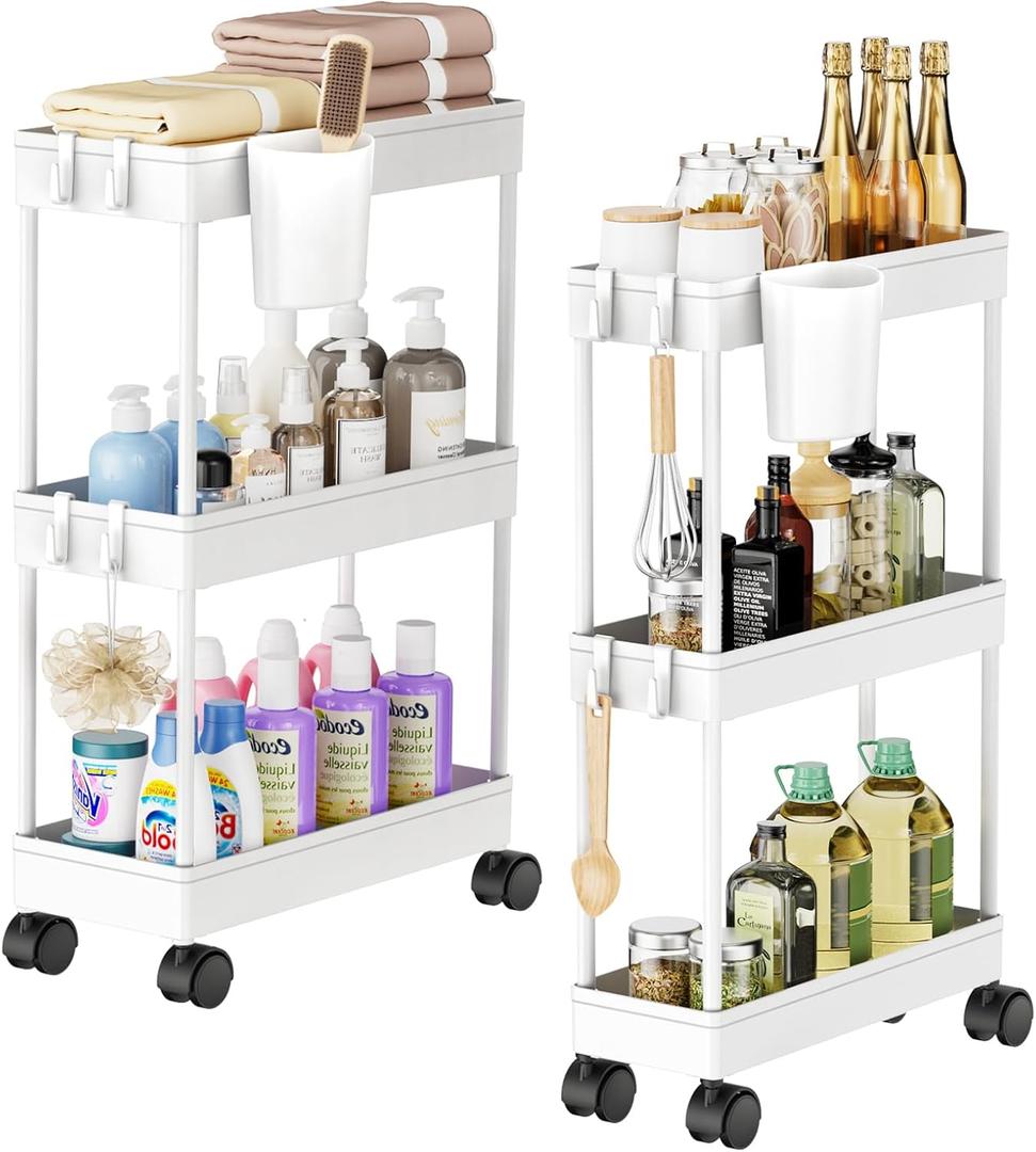 Slim Storage Cart, 2 Pack Narrow Bathroom Cart with Wheels for Small Space Storage Small Rolling Cart with Plastic Basket&Metal Tubes for Bathroom, Laundry Room, Kitchen Narrow Bathroom Storage, White