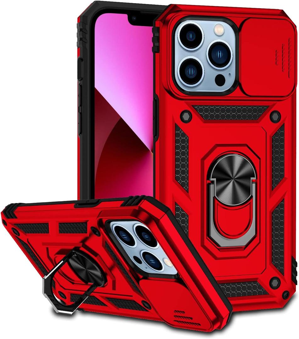 Phone Case for iPhone 13 Pro Max with Camera Lens Cover HD Screen Protector,Military Grade Ring Car Mount Kickstand Hybrid Hard PC Soft TPU Shockproof Protective Red