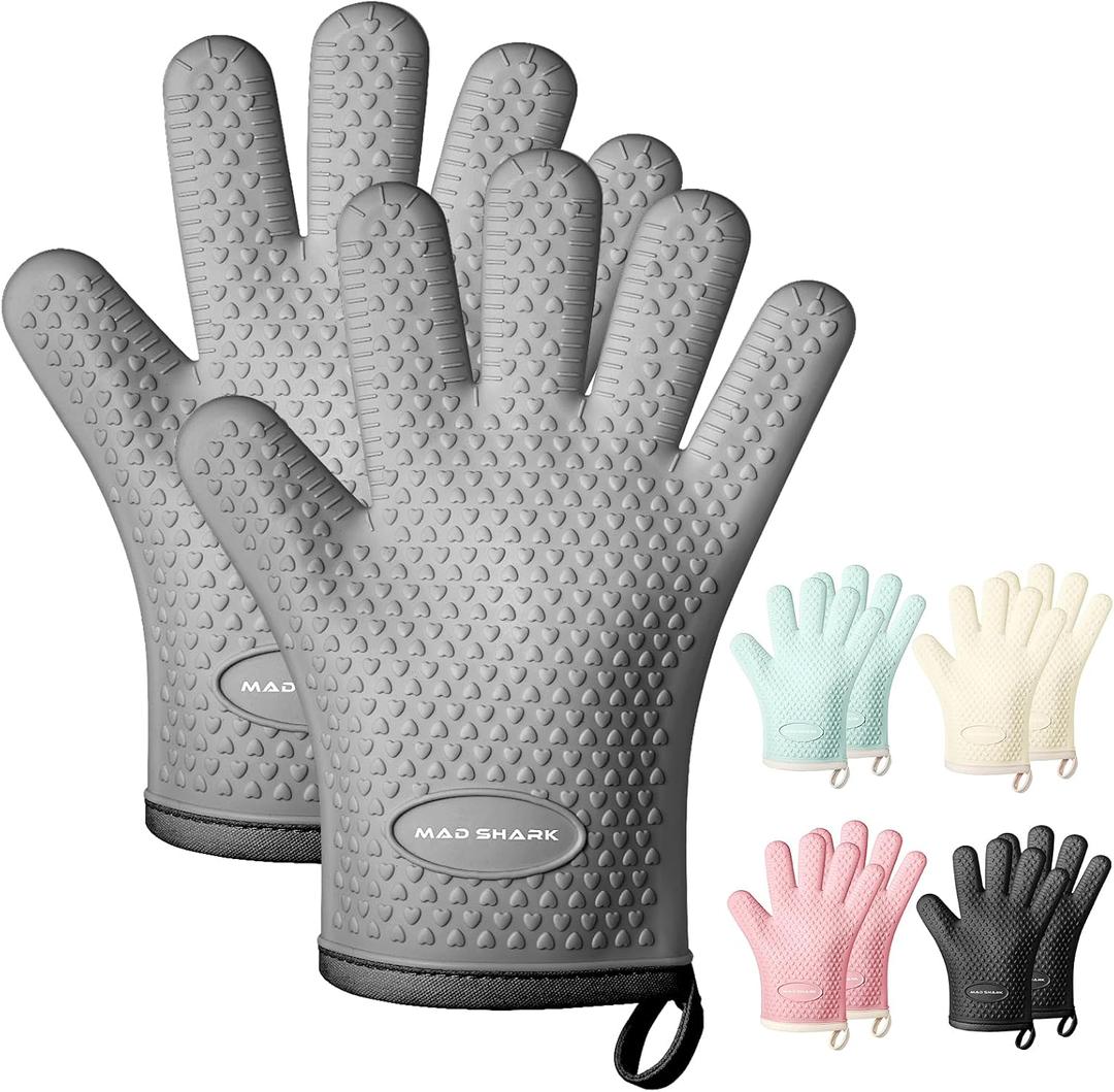 MAD SHARK Silicone Oven Mitts Heat Resistant 450F,Waterproof & Non-Slip Oven Gloves with Fingers,Cotton Lined Silicone Oven Gloves Kitchen Mitts for Baking Cooking Barbecue,Women,Oven (GREY1)