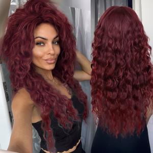 GNIMEGIL Long Red Curly Wigs for Women Free Part Burgundy Wig Layered Haircut Fluffy Synthetic Hair Wave Wigs Outfits Cosplay Drag Queen Wig Costume (Wine Red)