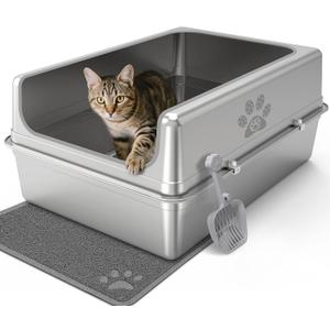 Enclosed Stainless Steel Cat Litter Box with Lid, Oversize Metal Litter Box for Multi Cats, Extra XXL Cat Toilet with High Side, Non-Stick, Anti-Leakage, Odorless, with Cat Litter Mat & Litter Scoop (XXL-27.5"x19.7"x11.8")