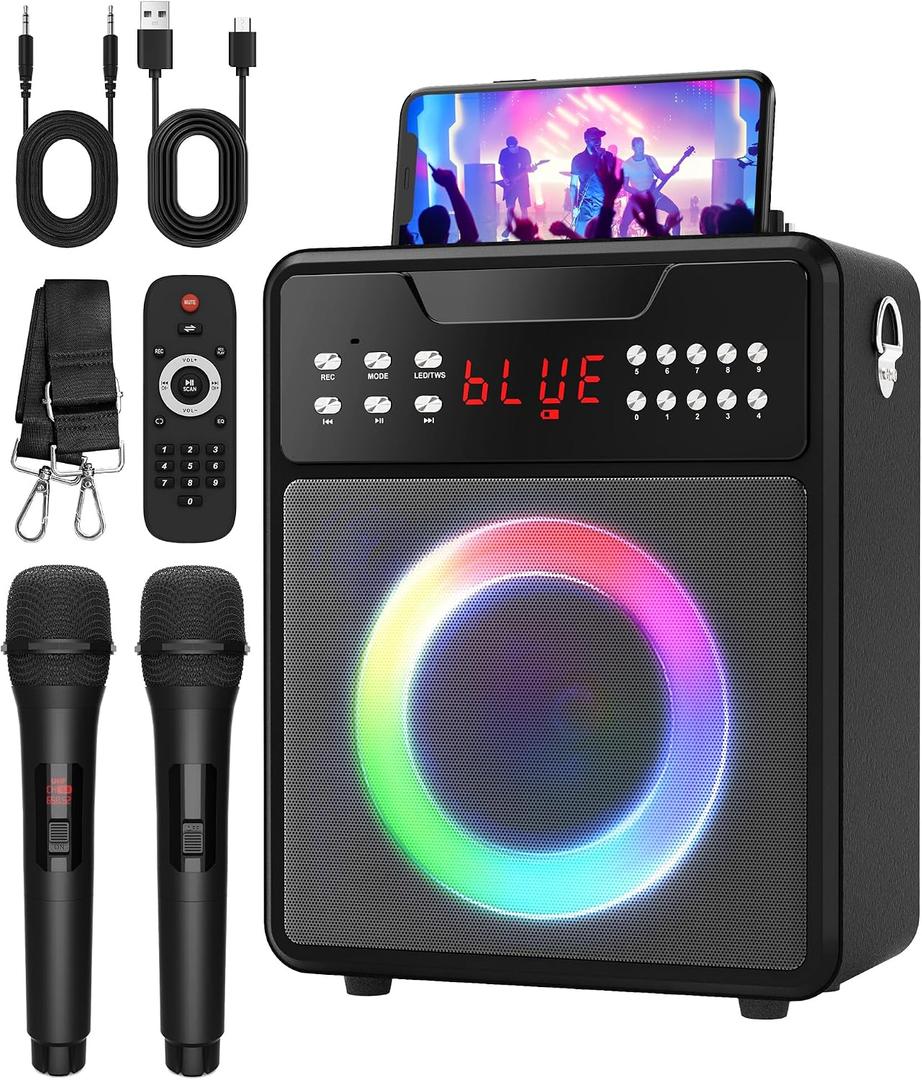 Karaoke Machine for Adults, Portable Bluetooth Speaker with 2 Wireless Microphones and Lights Show, Karaoke Speaker with Bass & Treble, Supports for TWS,USB,FM,REC,AUX in,TF Card for Party/Meeting