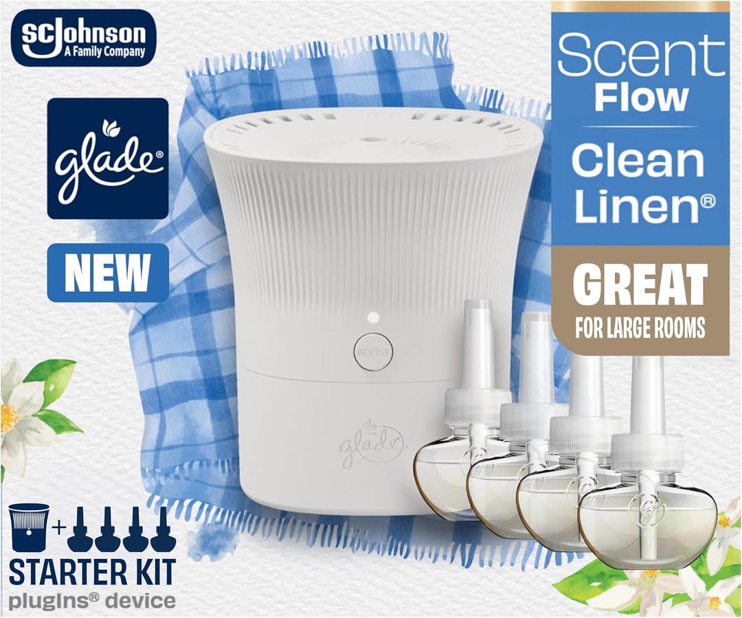 Glade Scent Flow PlugIns Air Freshener, Clean Linen, 1 Device + 4 Refills, 2.61 fl oz