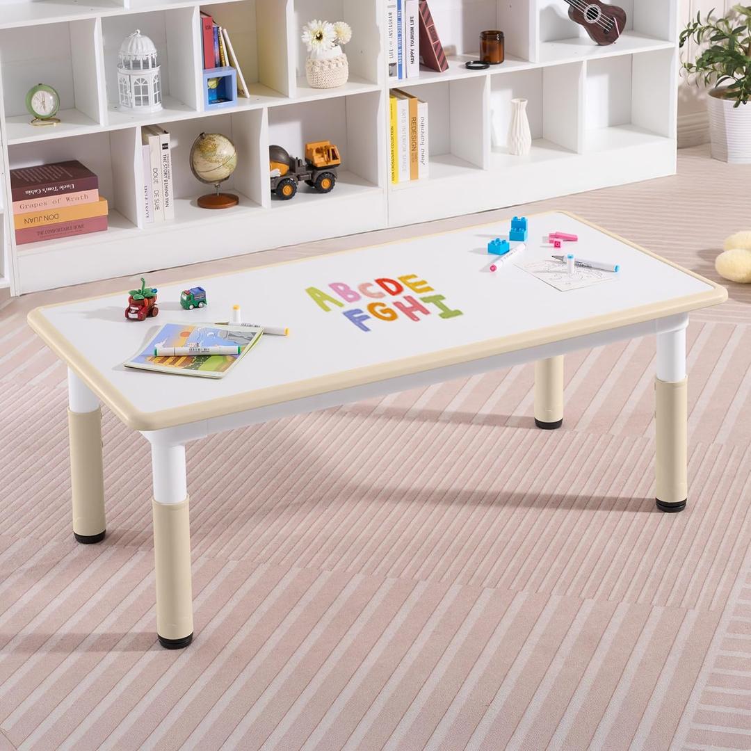 Adjustable Kids Table, Arts and Crafts Child Table with Graffiti Desktop, 7 Level Height Adjustable Children Table for Ages 3-8, Easy to Wipe Toddler Desk for Classrooms/Daycares/Homes (Burlywood)