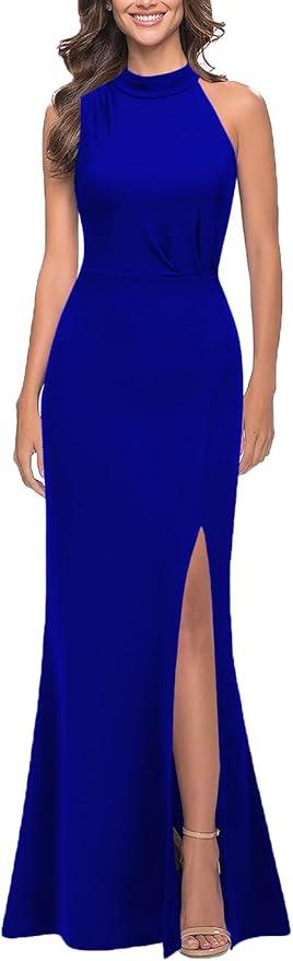 WOOSEA Women Sleeveless High Neck Sexy Split Evening Cocktail Party Maxi Long Formal Dress Royal Blue, XL 