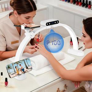KIRKAS 24inch Large Half Moon Light for Nail Tech, 456 LEDs 3 Color Modes Infinitely Knob Arch Nail Light with Screen and Phone Holder Charging Function, Foldable Lighted Lamp for Manicure,Craft-White