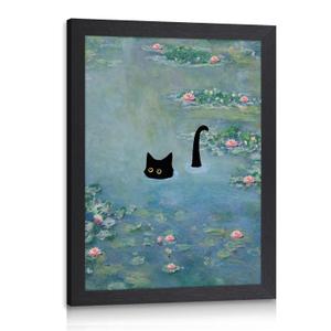 Framed Fantasy Monet Water Lilies Wall Art,Funny Black Cat Decor 16x24In