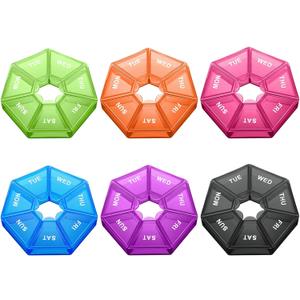 Patelai 6 Pcs Small Weekly Pill Organizer 7 Day Sided Pill Vitamin Case Portable Planner 7 Copartment Travel Round Storage Box Daily Reminder Container for Medicine Supplement Fish Oil (Vivid Colors)