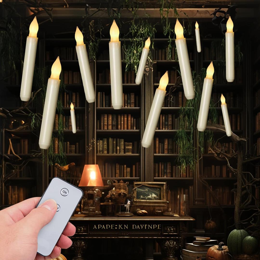 Homemory LED Batteries Operated Taper Candles with Remote, Flickering Light Flameless Taper Window Candle, Set of 12 Warm Yellow Fake Candles for Halloween, Church, Party