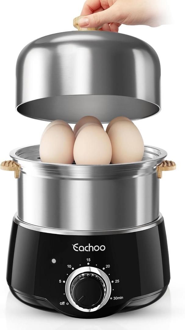 Hard Boiled Egg Cooker - CACHOO 14-Egg Rapid Stainless Steel Egg Boiler with 30-Min Timer & Auto Shut Off, Compact Electric Vegetable Steamer for Cooking, Dishwasher Safe, Black (2-Tier)