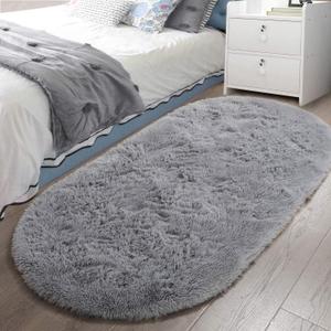 LOCHAS Bedroom Rug 2.6' x 5.3', Gray Fluffy Shaggy Area Rug for Bedroom Bedside, Soft Oval Throw Rugs Carpet for Kids Girls Nursery Living Room Home Decor (Grey)